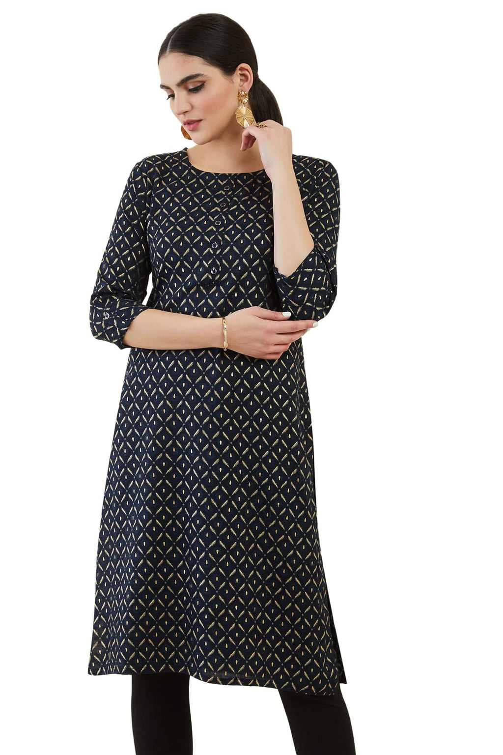Soch Navy Blue Rayon Kurta With Block Printed Patterns