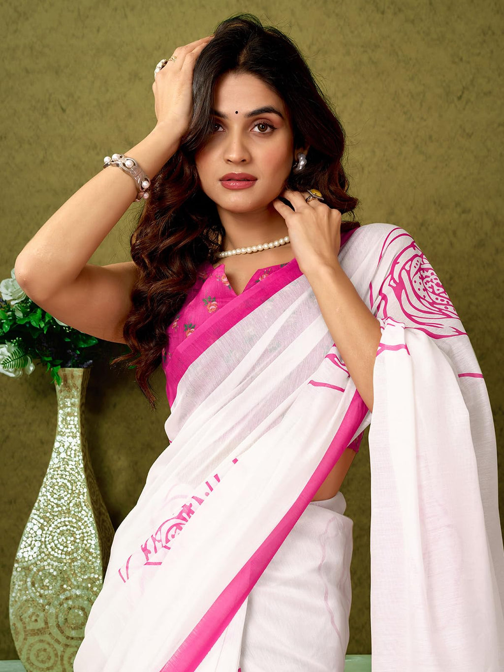Satrani WomenS Chanderi Cotton Printed Ready To Wear One Minute Pre Pleated Readymade Saree With Unstitched Blouse Piece (32Rs2