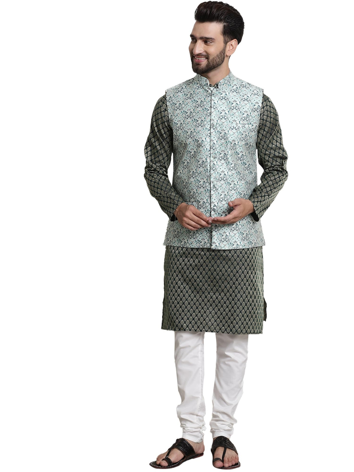 SOJANYA (Since 1958 Mens Jacquard Silk Dark Green Kurta and Cream Pyjama With TGreen Nehrujacket