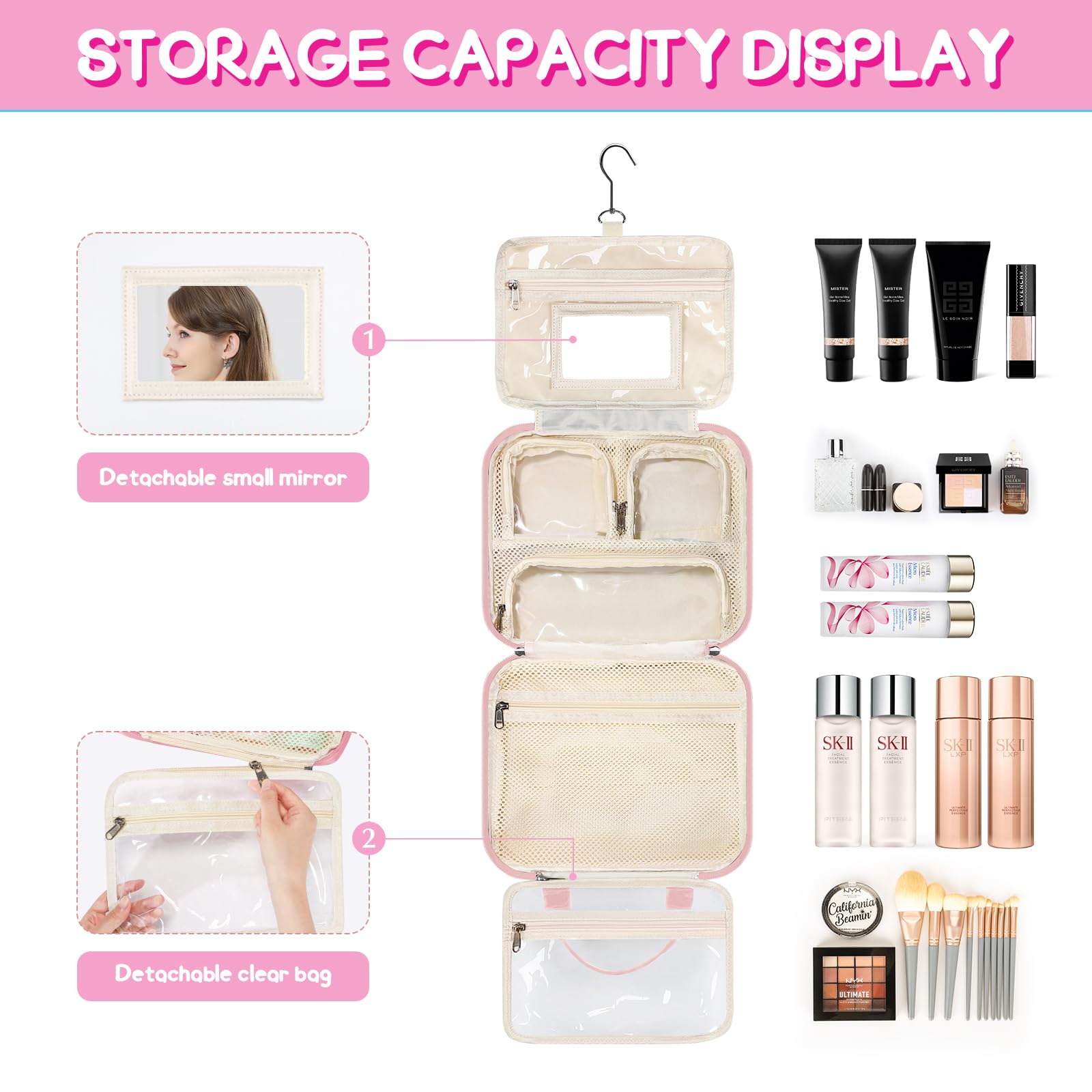 Estour Travel Toiletry Bag for Women, Makeup Bag Organizer with Detachable Mirror and Transparent Cosmetic Bag, Suitable for Tra
