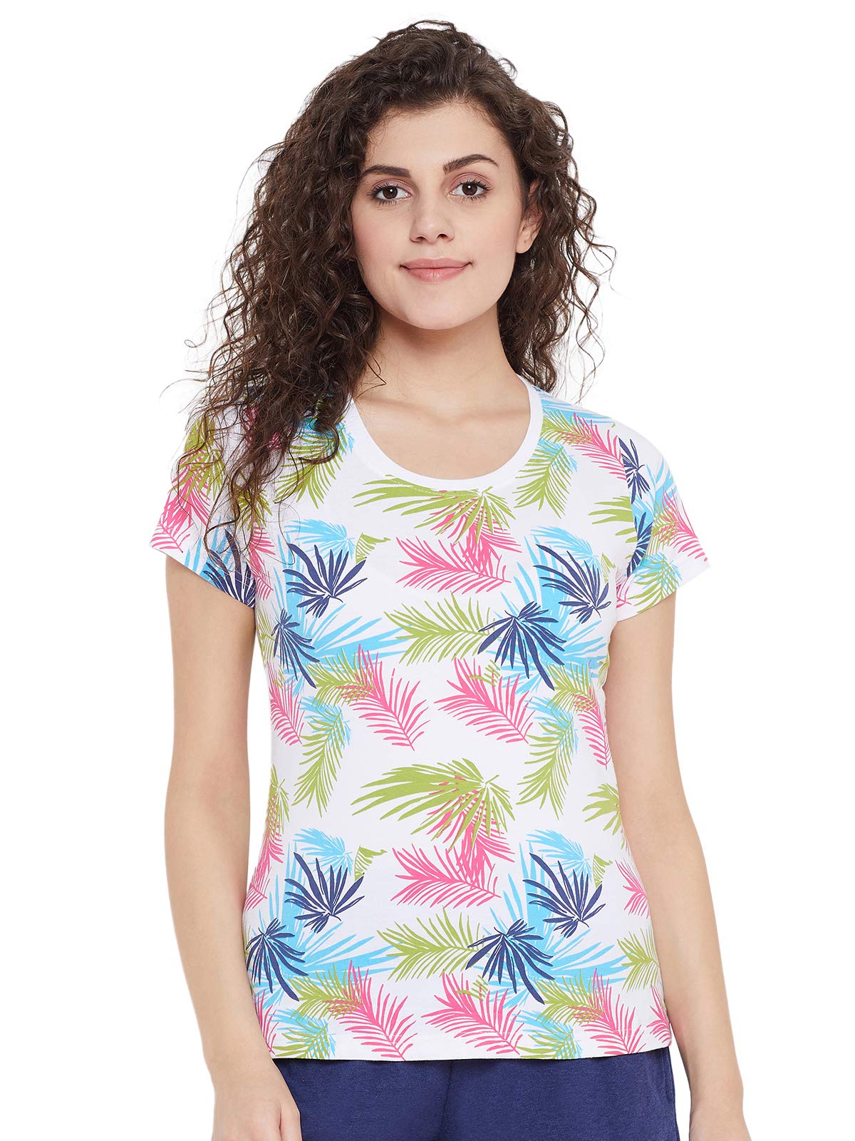 Clovia Womens Cotton Rich Floral Print T-Shirt (LT0124E18_White_S)
