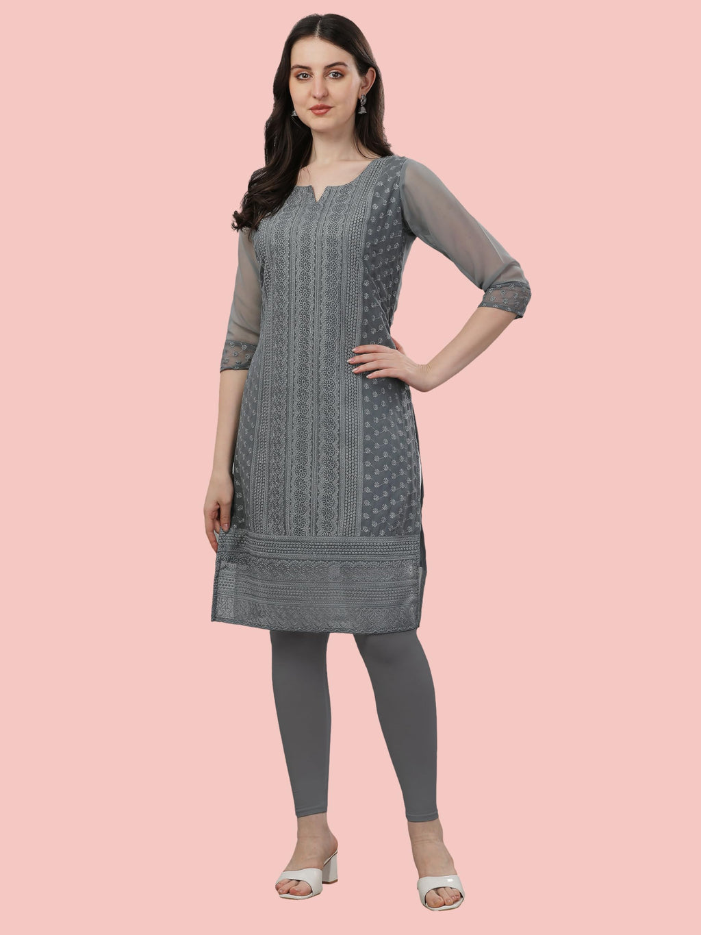 TRILLMIXA Womens Georgette Chikankari Embroidery Knee-Length Kurti for Girls Grey