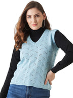 Modeve Self Design V Neck Casual Women Light Blue Sweater||Winterwear||