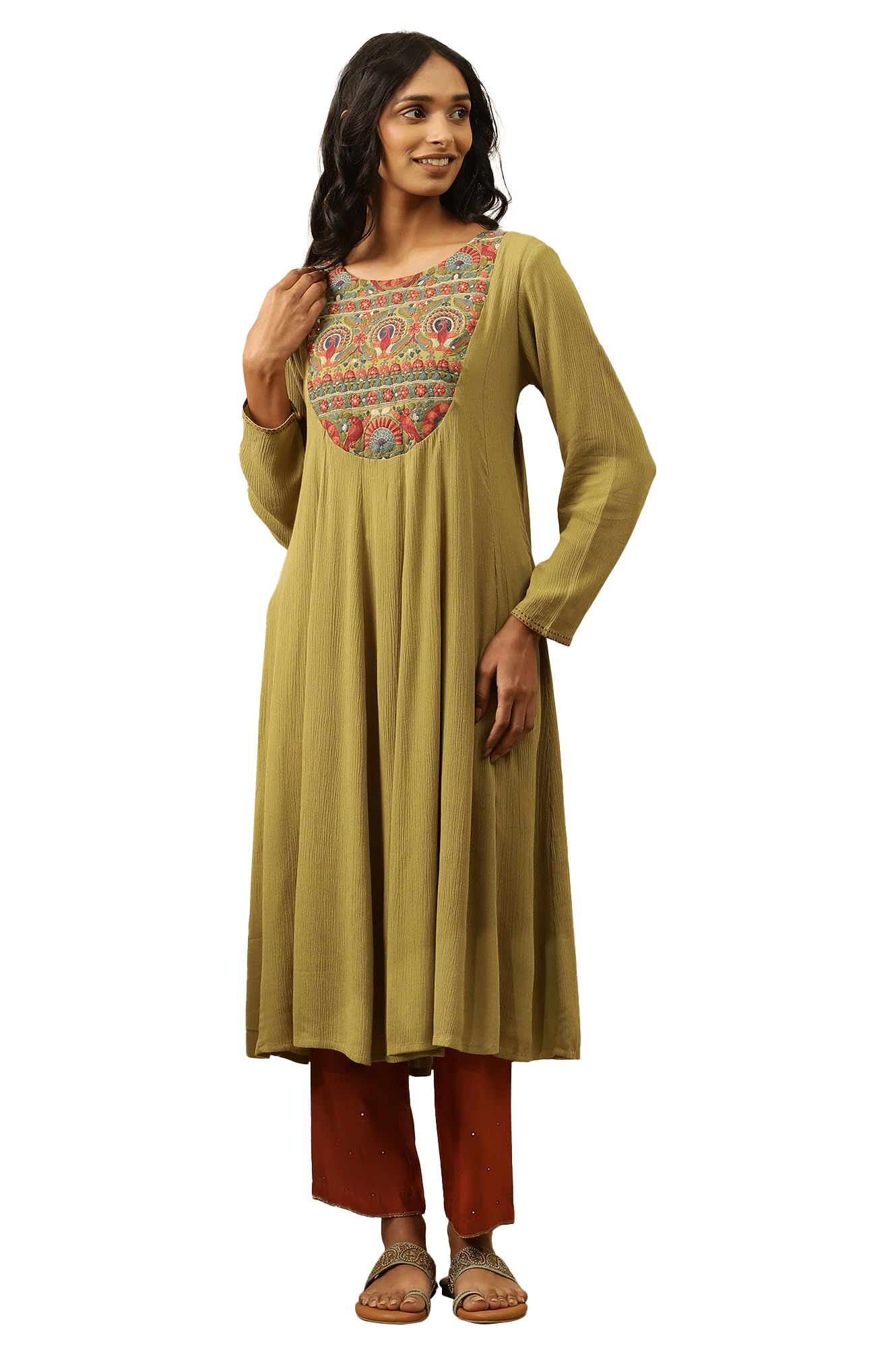 W For Woman Folksong By W Women Green Festive Solid Viscose Flared Kurta_24Maf11851-920927_M