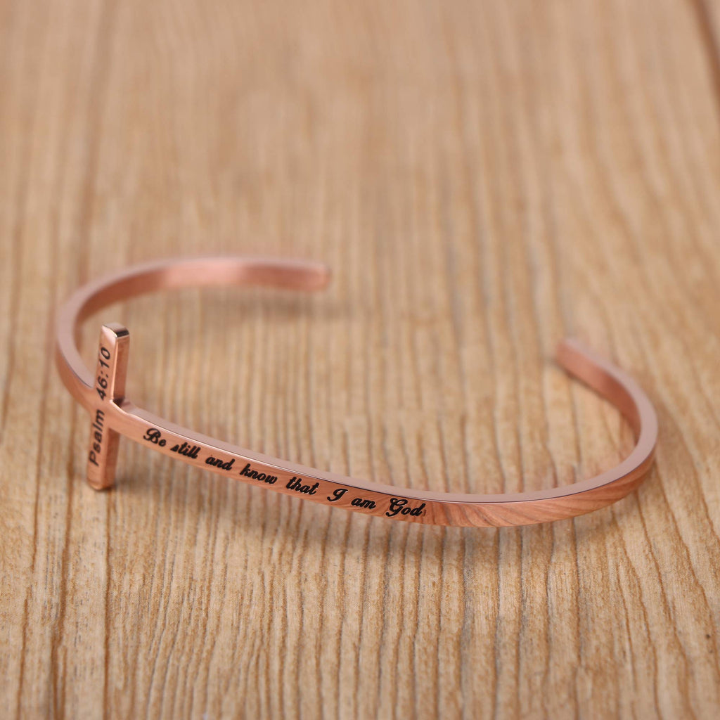 Be Still And Know That I Am God Psalm 46:10 Religious Gifts for Women Stainless Steel Bible Verse Rose Gold Cross Bracelet Birth