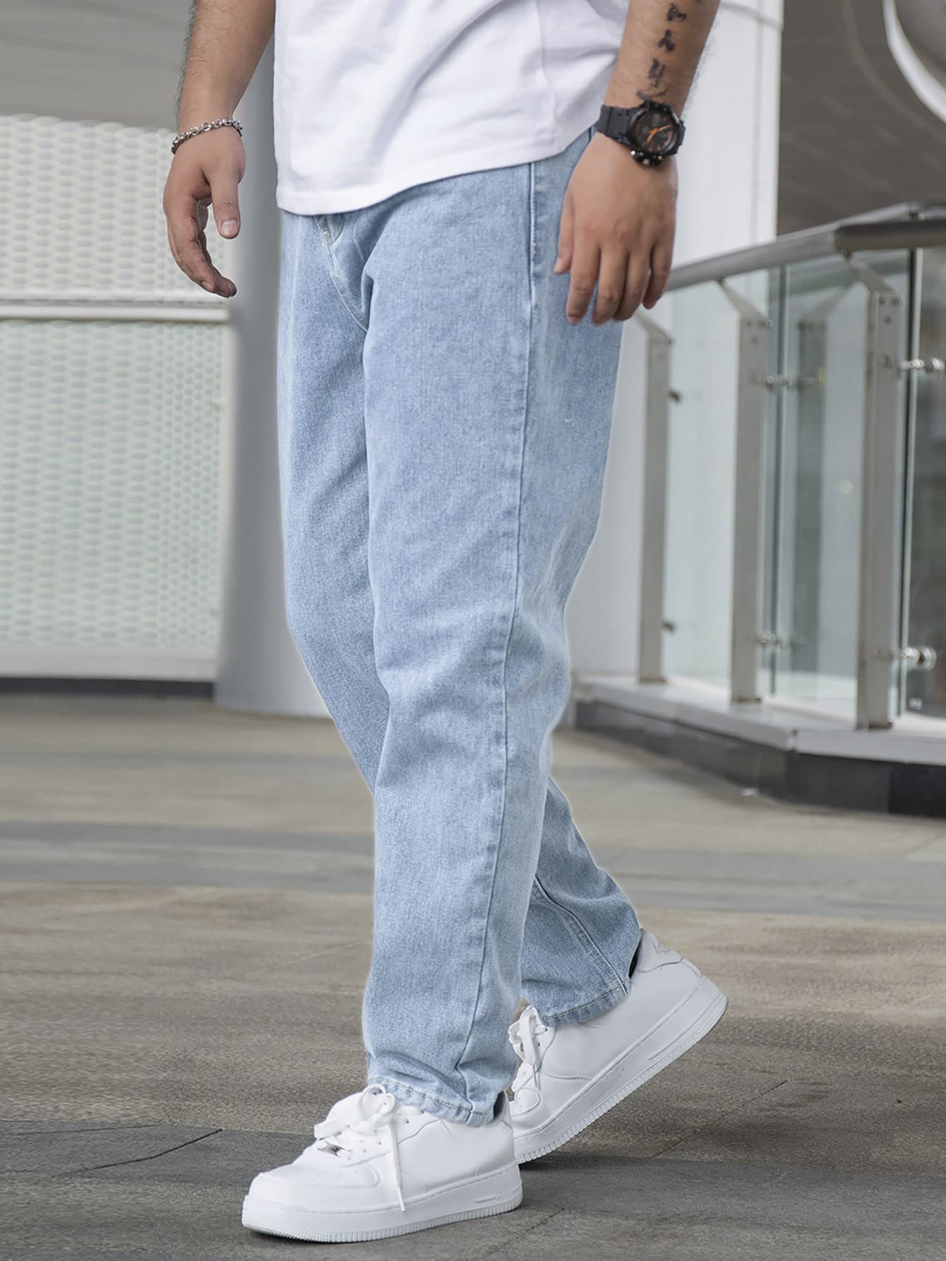 AVANOVA Mens Light Blue Slant Pocket Wide Leg Jeans  Casual Loose Fit Denim Pants, Cotton Blend Trousers with Slant Pockets for