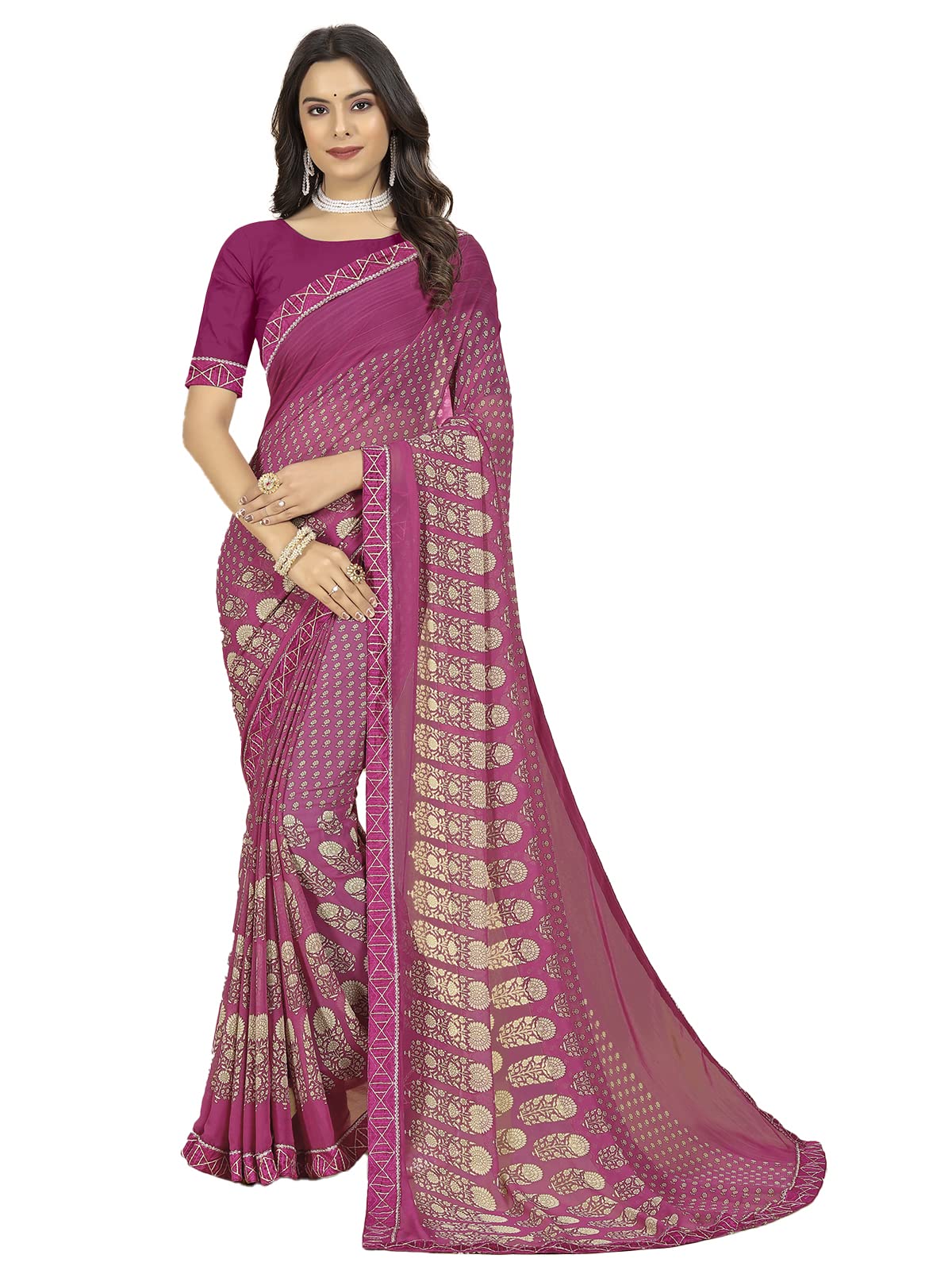 rangita Women Abstract Printed Georgette Saree With Blouse Piece - Purple (SIZE 5.5 MTR)