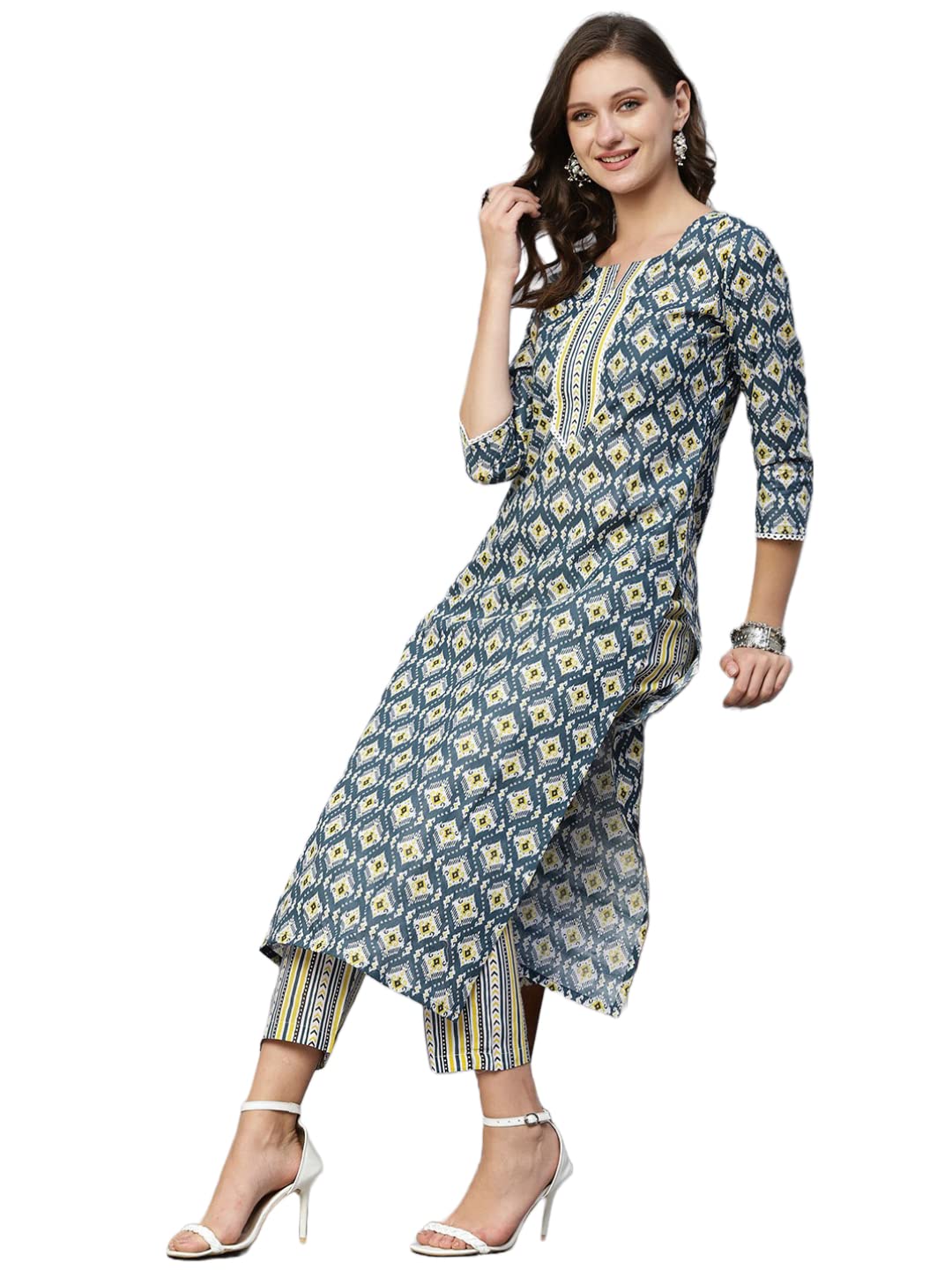 ANNI DESIGNER Womens Cotton Blend Straight Printed Kurta with Pant Set (Tbh Blue_3XL_Blue_XXX-Large)
