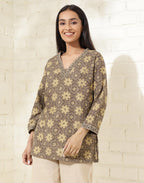 Fabindia WomenS Cotton Printed Slim Kurta (1037347Grey- Grey-Mustard