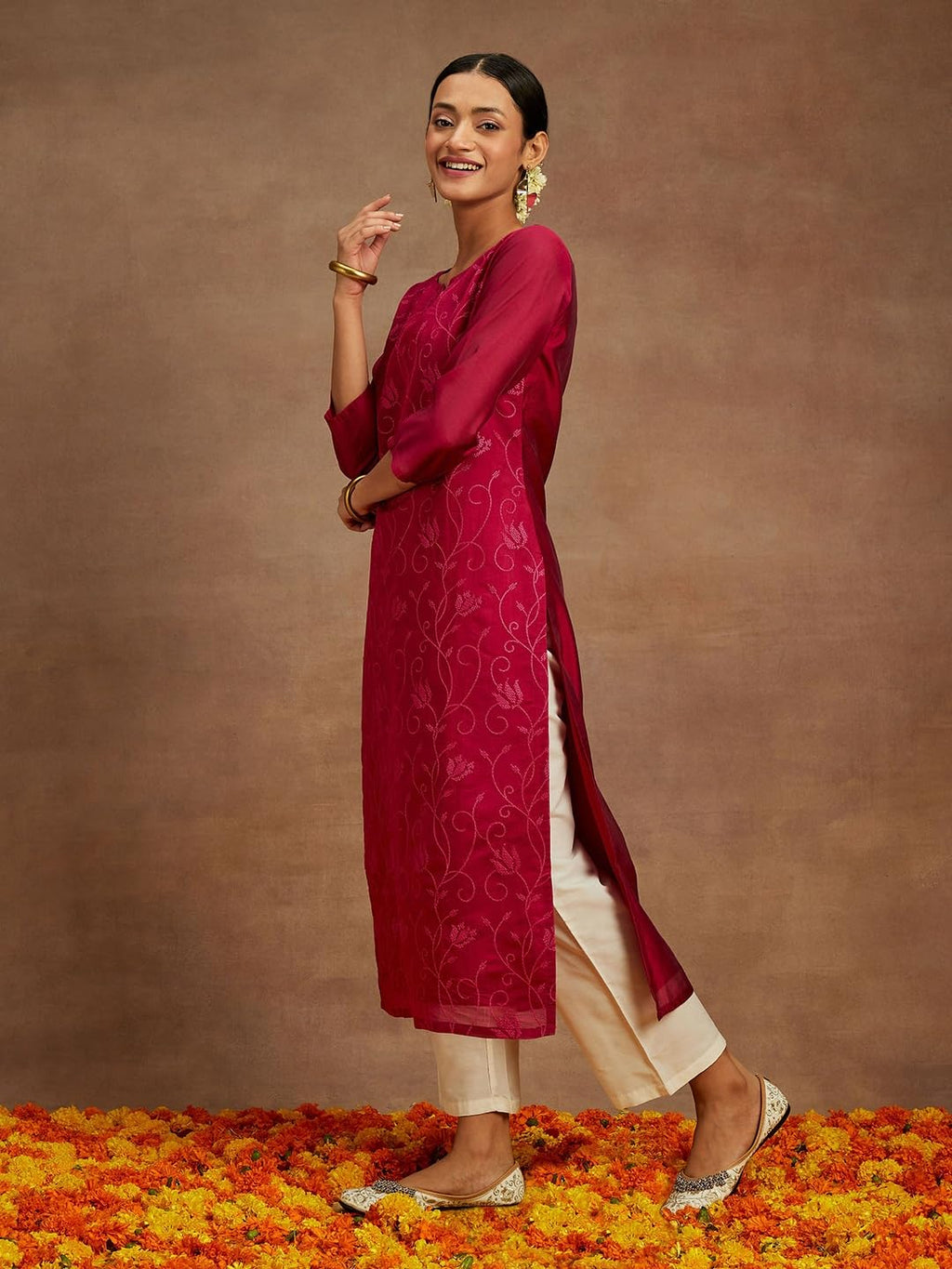 Libas WomenS Chanderi Silk Embroidered Straight Kurta (58009_Hot Pink