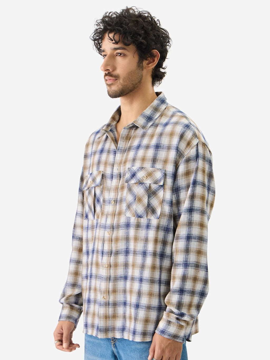 The Souled Store Plaid: Khaki Men and Boys Long Sleeve Collared Neck Button Front Regular Fit Cotton Utility Shirts