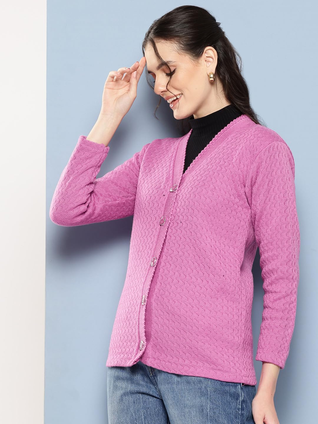 Aarika Womens Winter Wear Pink Colour Solid Woolen Cardigan (S-L)