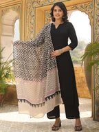 ANNI DESIGNER Ladies Plain Rayon Blend Kurta with Trousers and Dupatta, Black, M