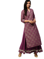 Ishin Women'S Pure Cotton Purple Foil Printed Embellished A-Line Kurta Set With Sharara