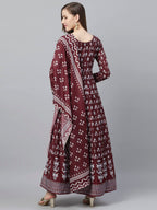 Ishin Women'S Viscose Rayon Printed Jewel Neck Anarkali Kurta Set With Dupatta