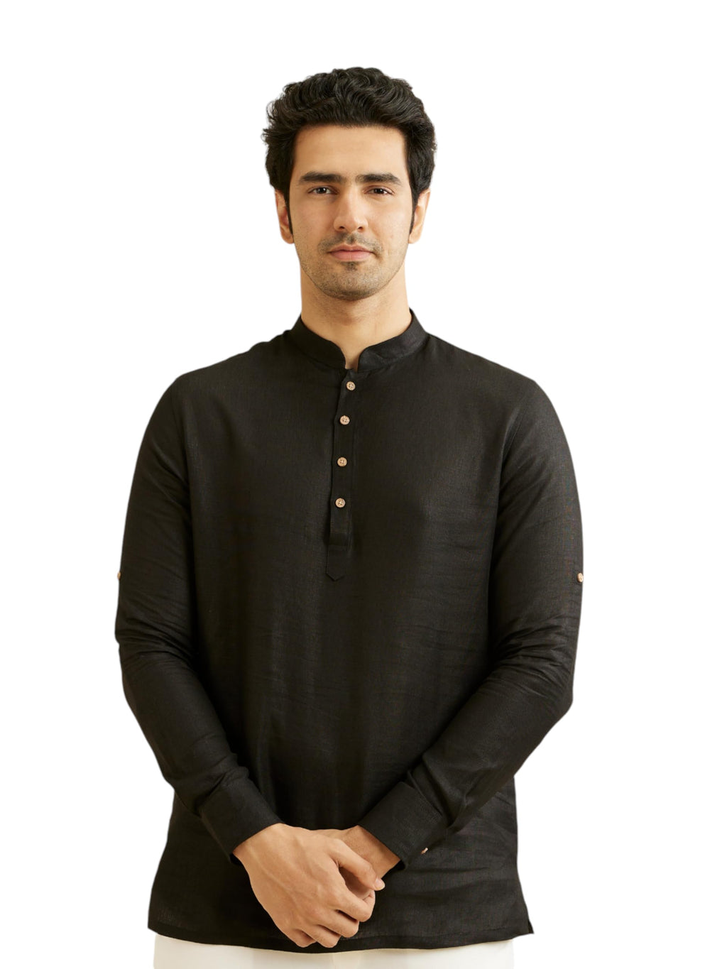 Manyavar MenS Linen Solid Short Kurta (Black,Xxxl)