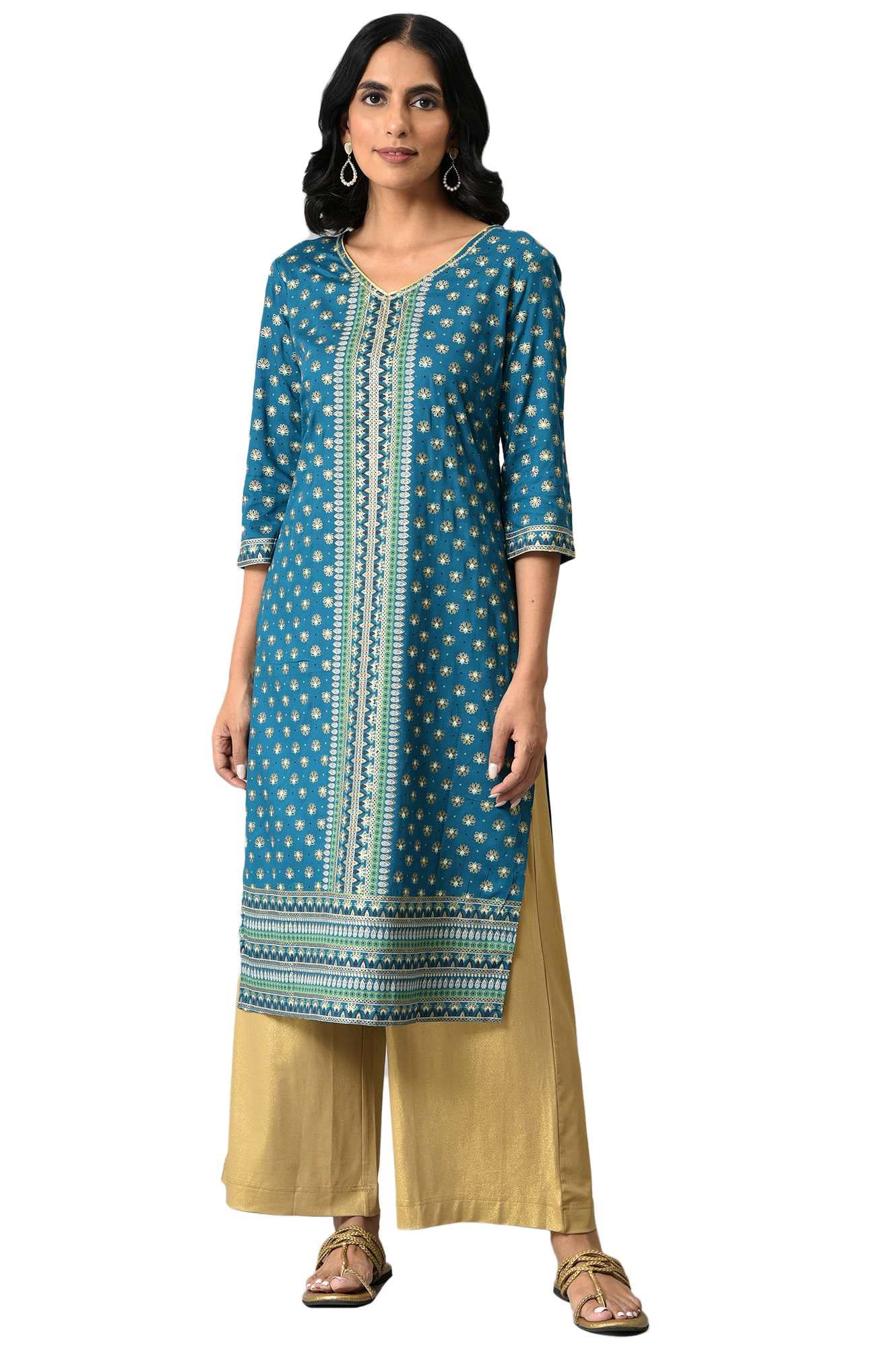 Blue Floral Printed Sequined Ethnic Liva Kurta
