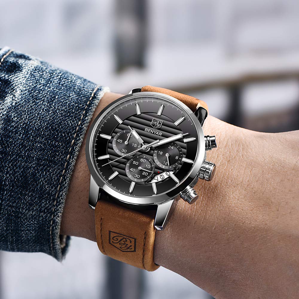 BENYAR Chronograph Waterproof Watches Business and Sport Design Black Leather Band Strap Wrist Watch for Men (Brown Silver Black