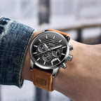 BENYAR Chronograph Waterproof Watches Business and Sport Design Black Leather Band Strap Wrist Watch for Men (Brown Silver Black