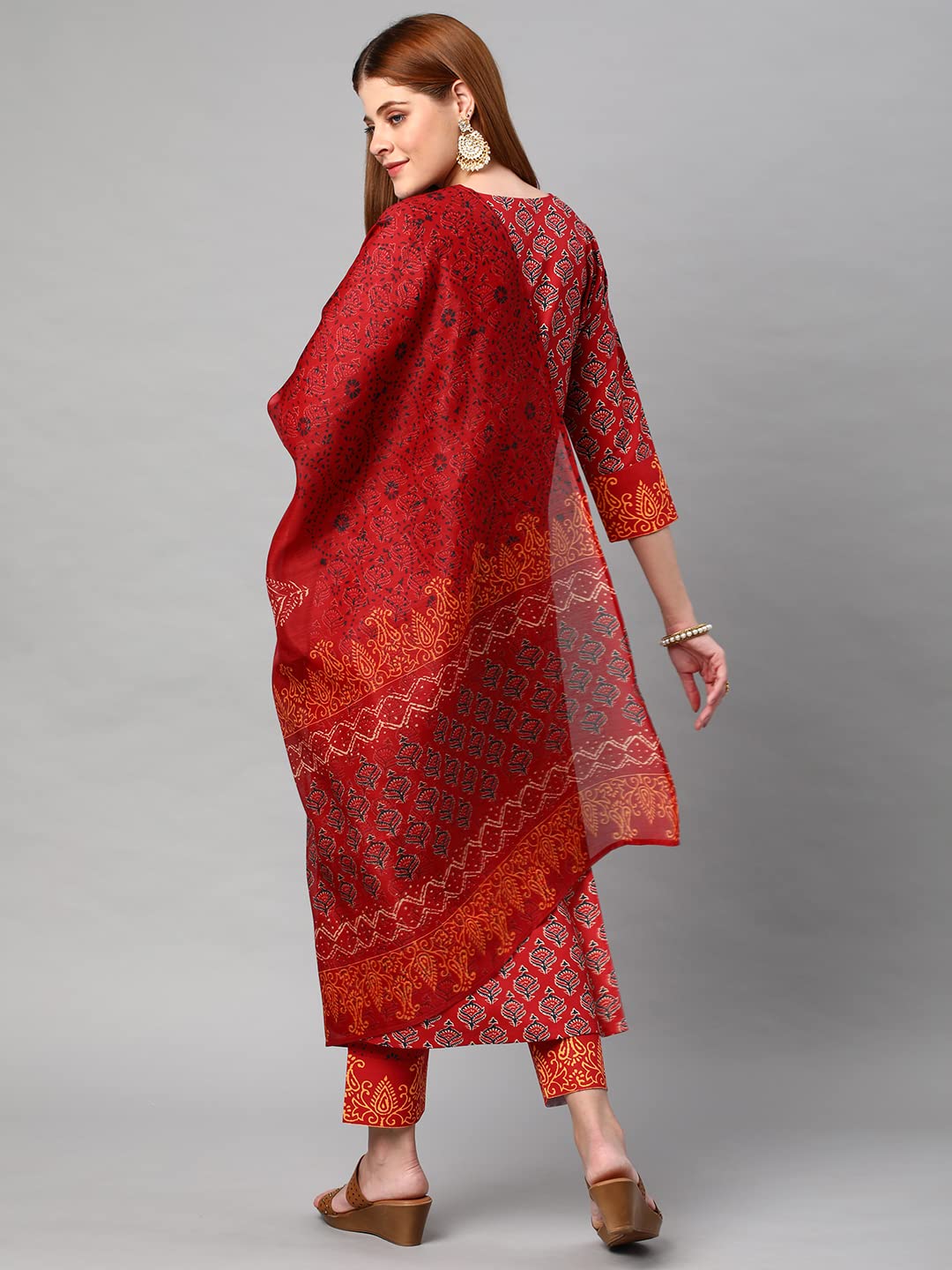 GoSriKi Womens Cotton Blend Printed Kurta and Pant with Dupatta Set