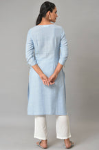 Blue Cotton Round Neck Embroidered Plus Size Kurta