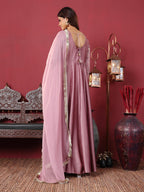 Varanga Women Mauve V Neck Embroidered Kurta With Tonal Sequence Net Dupatta