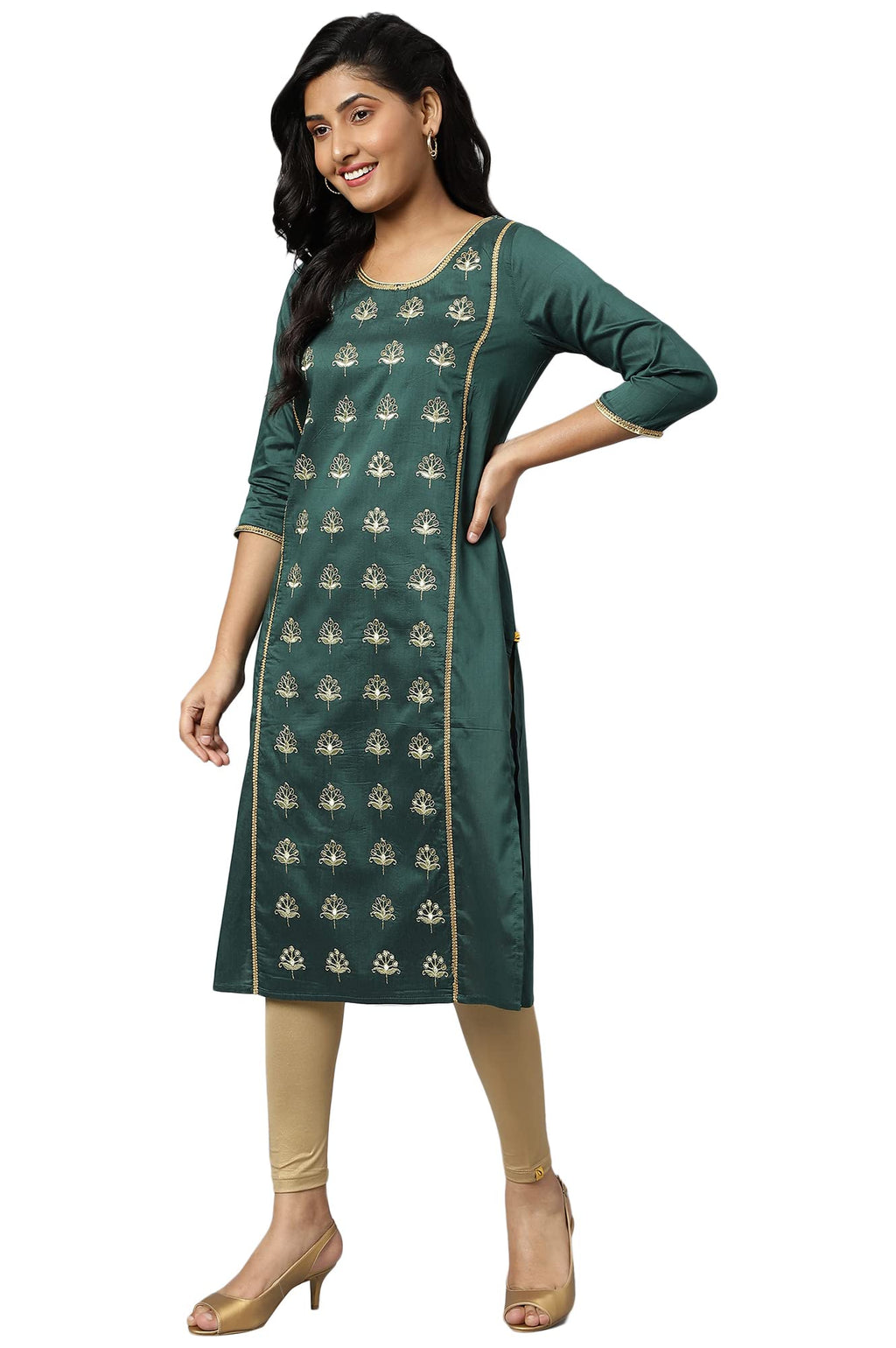Aurelia Women Emerald Green Viscose Blend Solid Straight Kurta