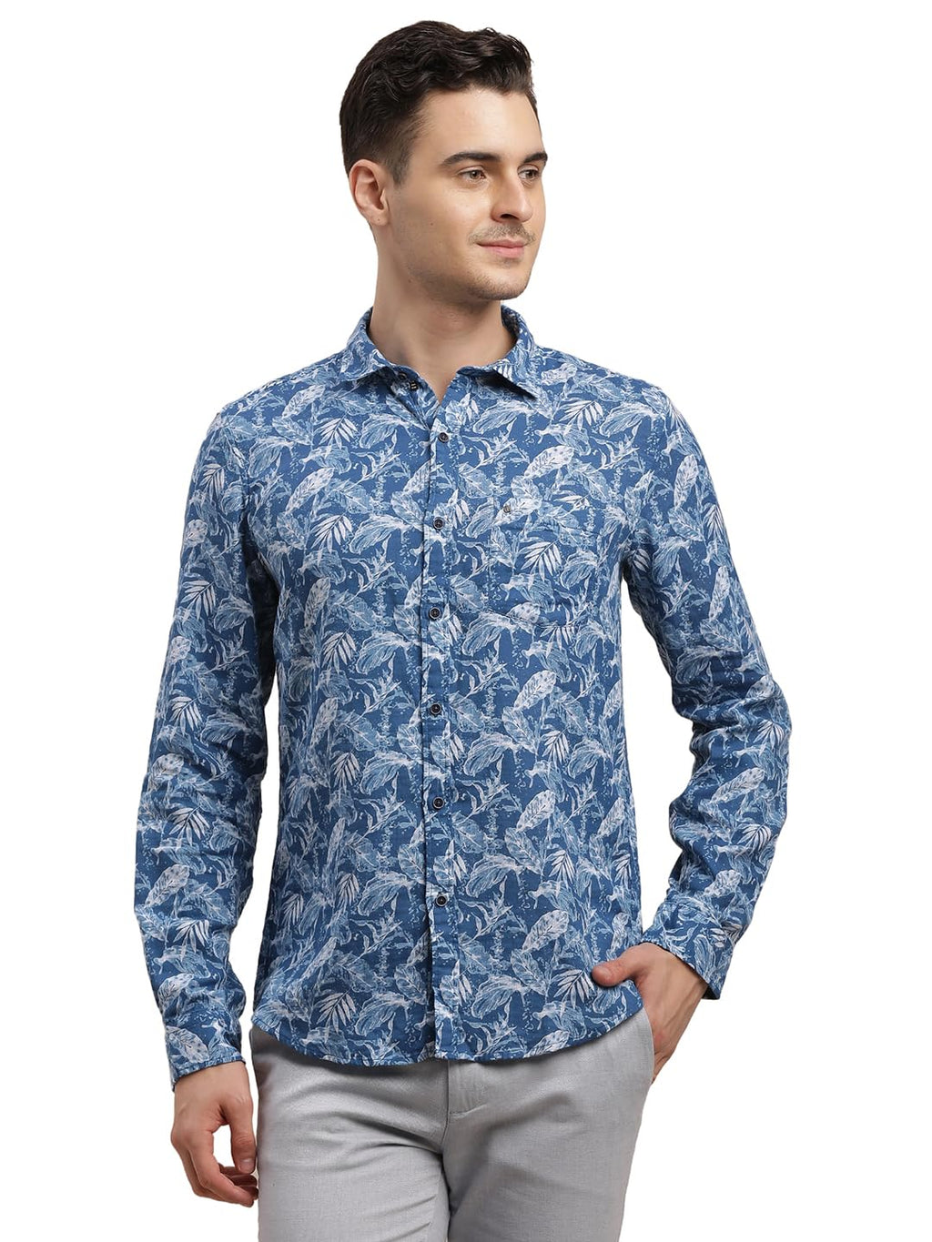 Turtle Men 100% Cotton Printed Slim Fit Blue Casual Shirt