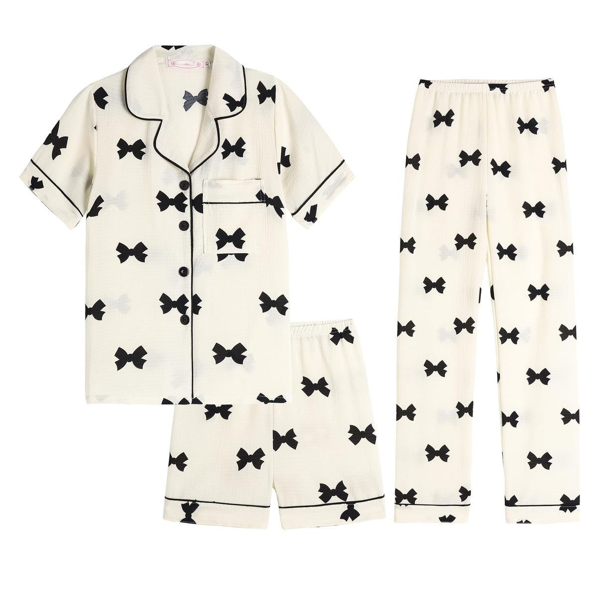 Hupohoi Big Girls Button Down Pajama Set 3pcs Short Sleeve Long Pants with Shorts Crepe Wrinkled Fabric Sleepwear Nighty, Black  16