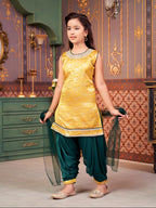 Aarika Girls Ethnic Wear Yellow-Green Colour Mirror Embroidery Brocade Kurti Patiala Set With Dupatta-5-13 Years (Pt-18138)