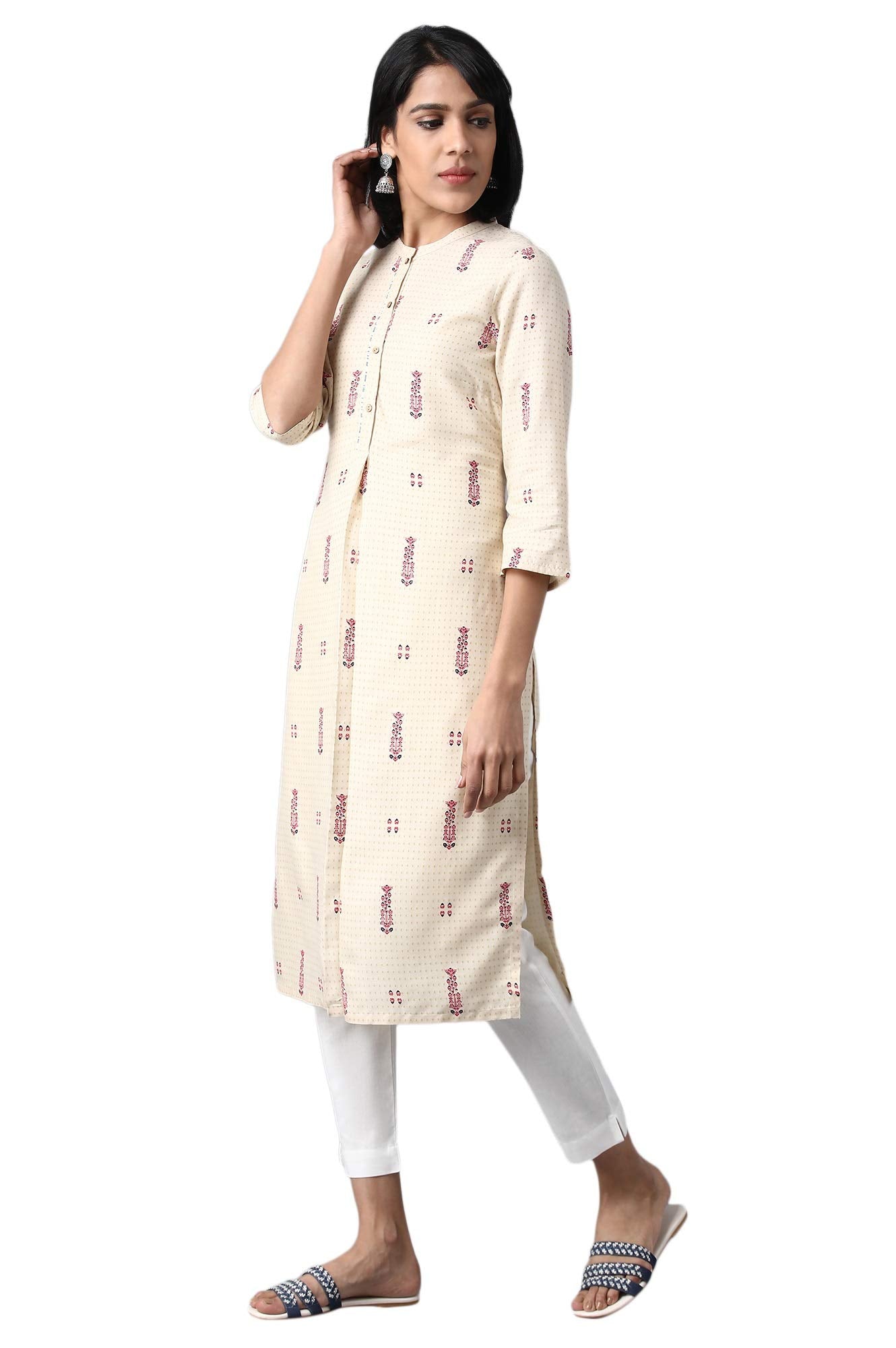 W For Woman Rayon Women Mandarin Neck Printed Shirt Straight Kurta