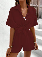 Shasmi Women & Girls Maroon Solid Color Button Front Vacation Solid Texture Short Sleeve Loose Fit Drop Shoulder Pocket Shirt an