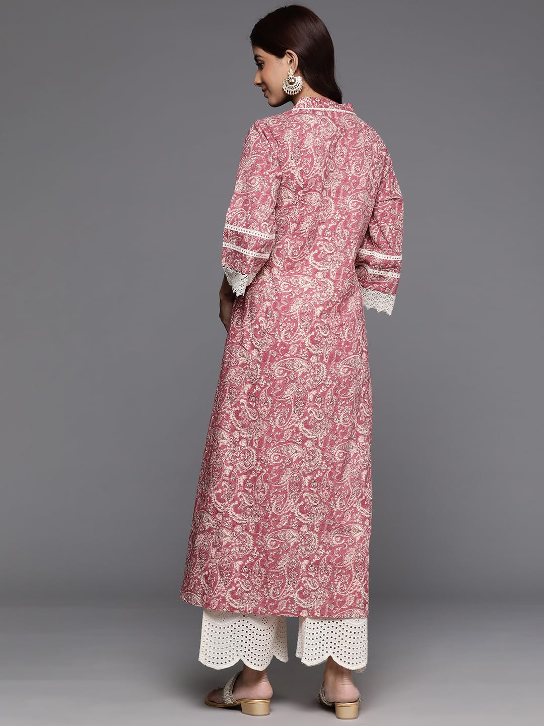 Varanga Women?? Peach Paisley Printed A-Line Kurta With Lace Embellishment, V-Neck, 3/4 Sleeves, Casual & Festive Ethnic Wear For All Occasions