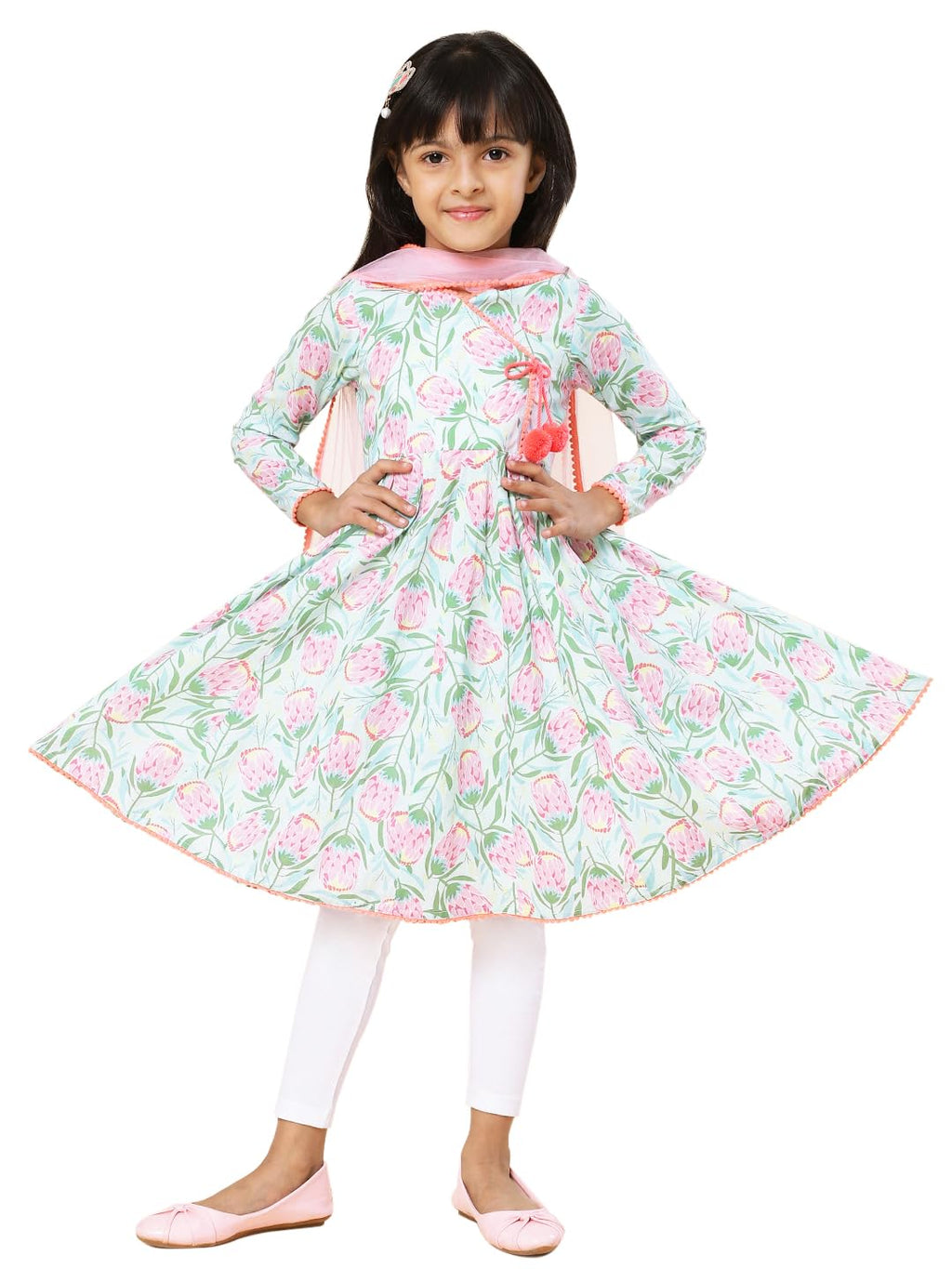 A.T.U.N. (All Things Uber Nice) Girls Printed Angrakha Pure Cotton Kurta With Leggings & Dupatta