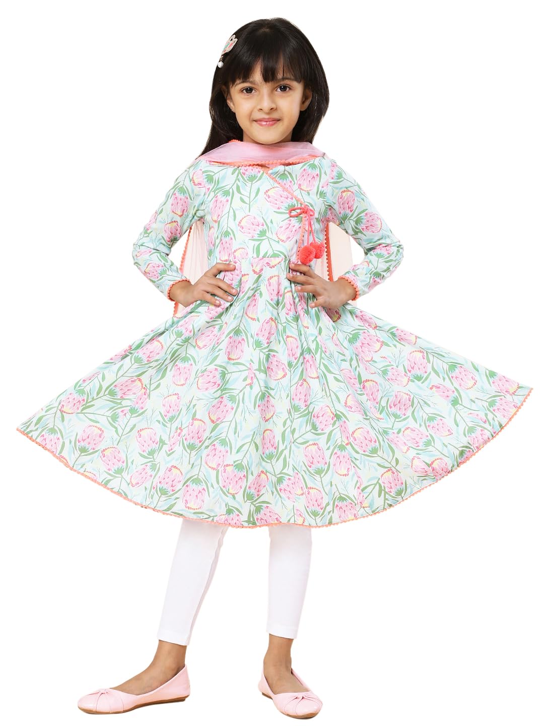 A.T.U.N. (All Things Uber Nice) Girls Printed Angrakha Pure Cotton Kurta With Leggings & Dupatta