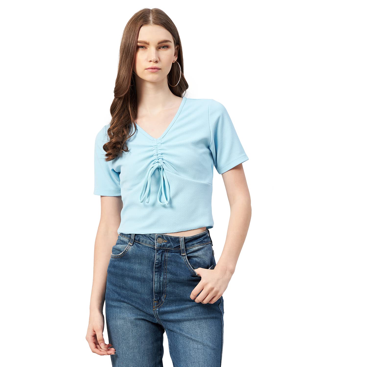 Rare Women Casual SkyBlue Colour V-Neck Solid Regular Top