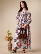 Sheetal Associates WomenS Floral Printed Crepe Full Length Dress White