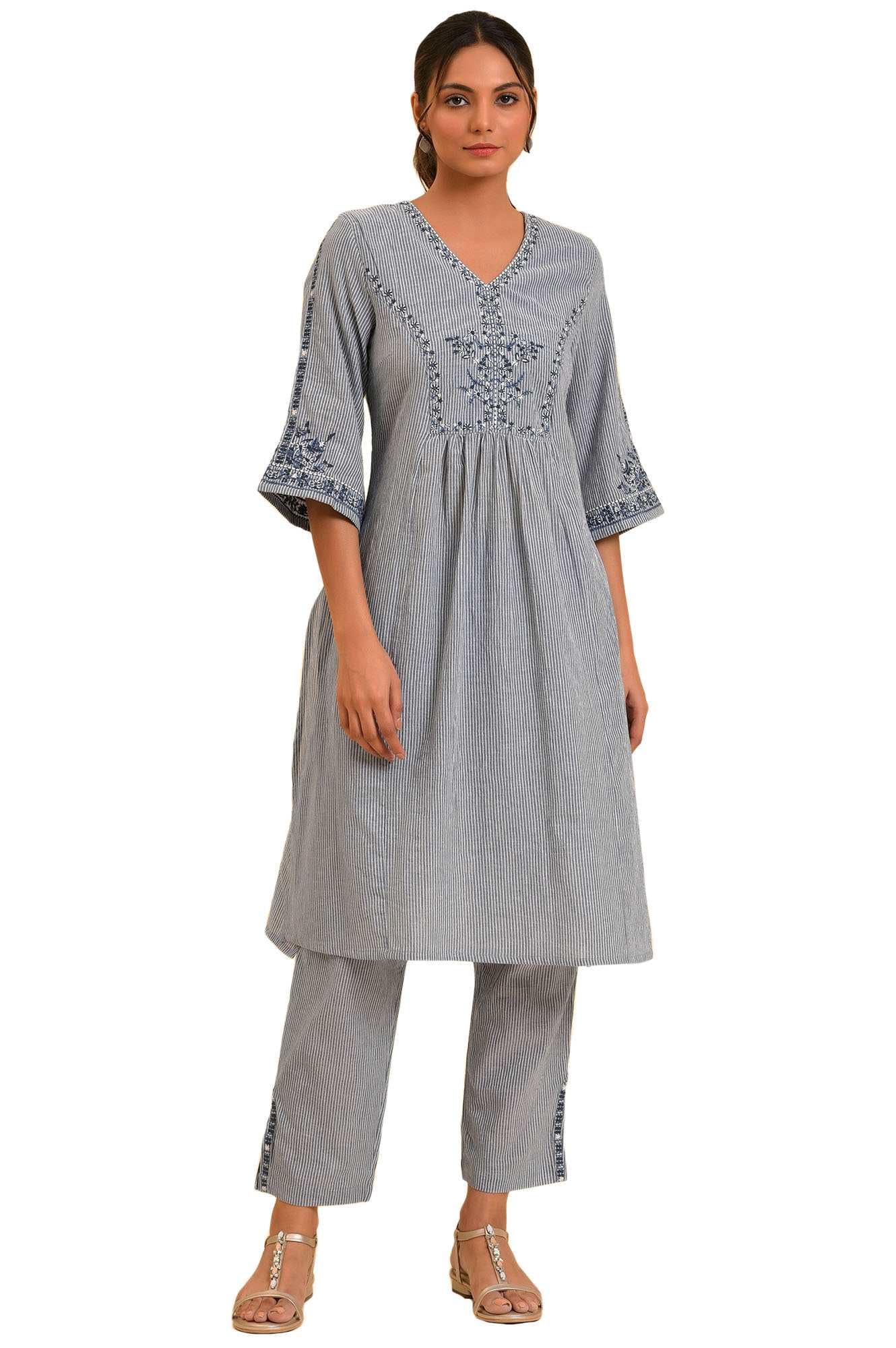 W For Woman Stripes Calf Length Cotton Woven Women'S Kurta Pant Set (Blue,Small)