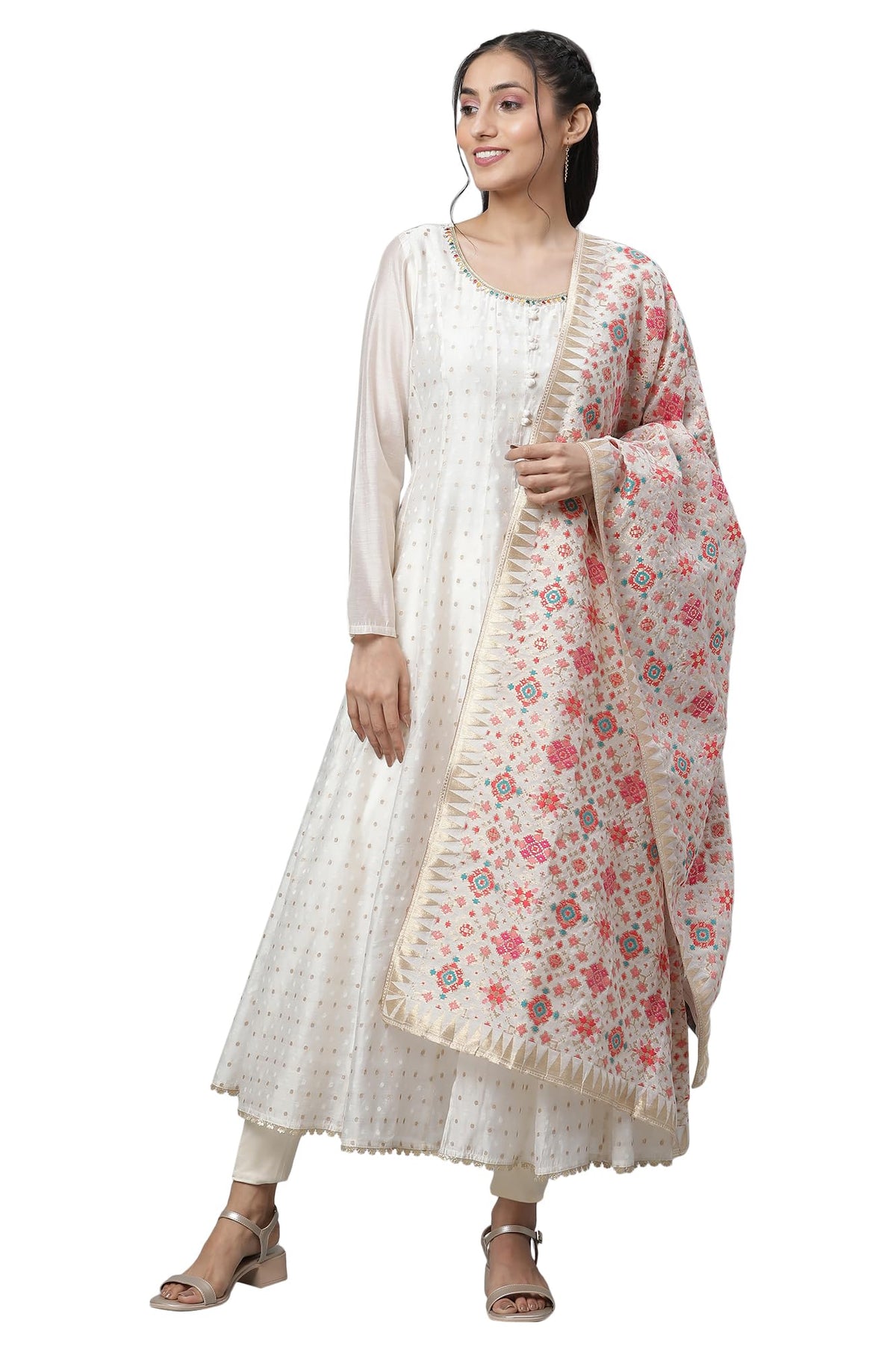 Aurelia WomenS Regular Fit Off-White Chanderi Butti Embellished Flared Kurta, Tights And Jaquard Dupatta_23Aud10603-704295_L