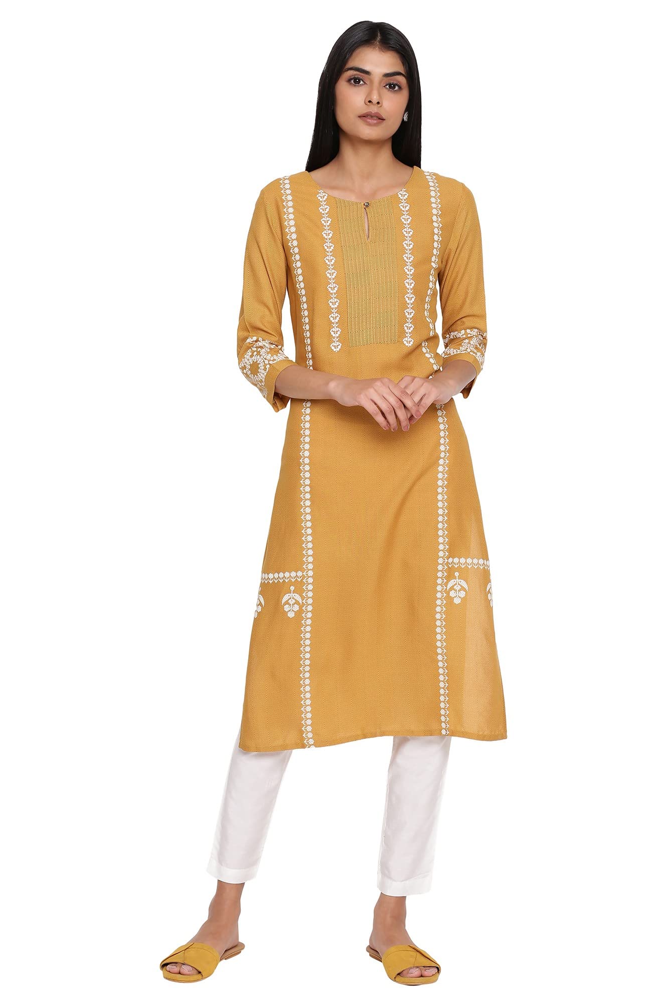 W For Woman Yellow Placement Print Viscose Kurta With Embroidery_21Auw15989-117144_S