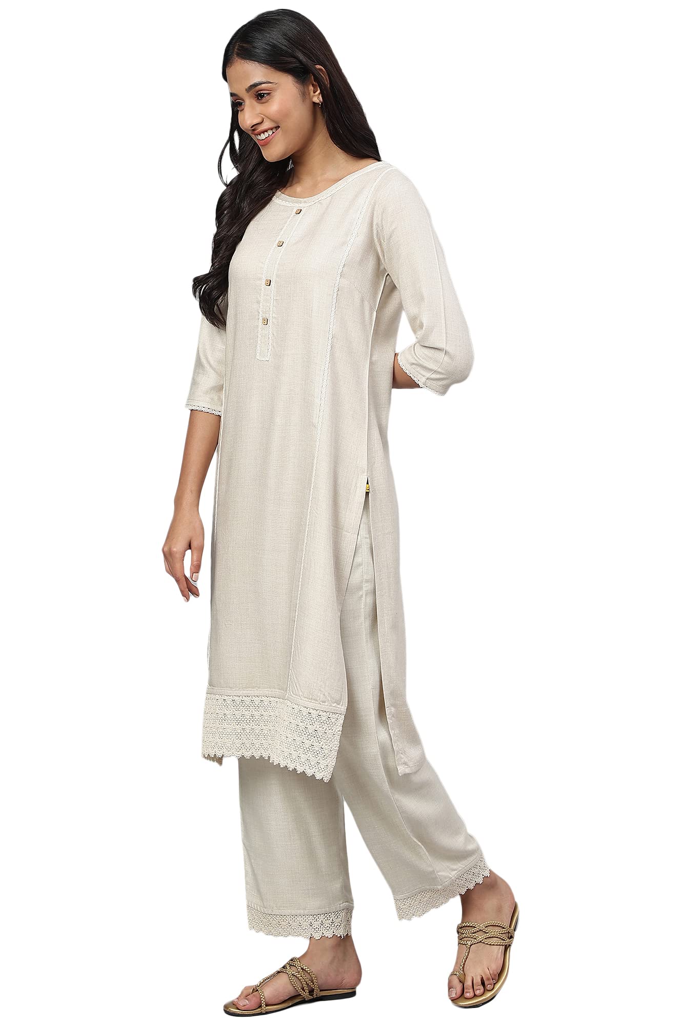 Aurelia Women'S Beige Solid Kurta With Straight Palazzo