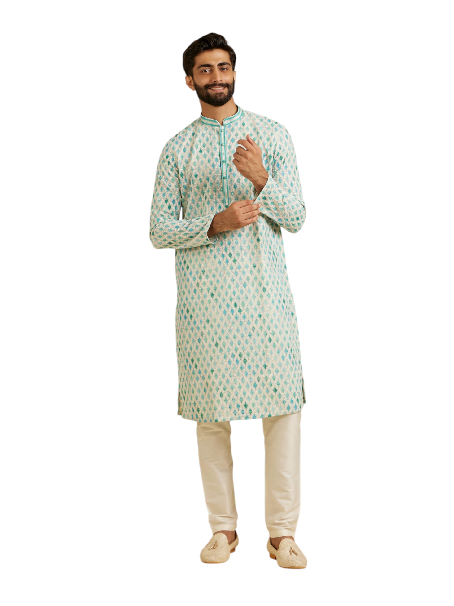 Manyavar Mens Cotton Blend Chikankari Print & Sequined Kurta Pyjama Set (Green,XL)