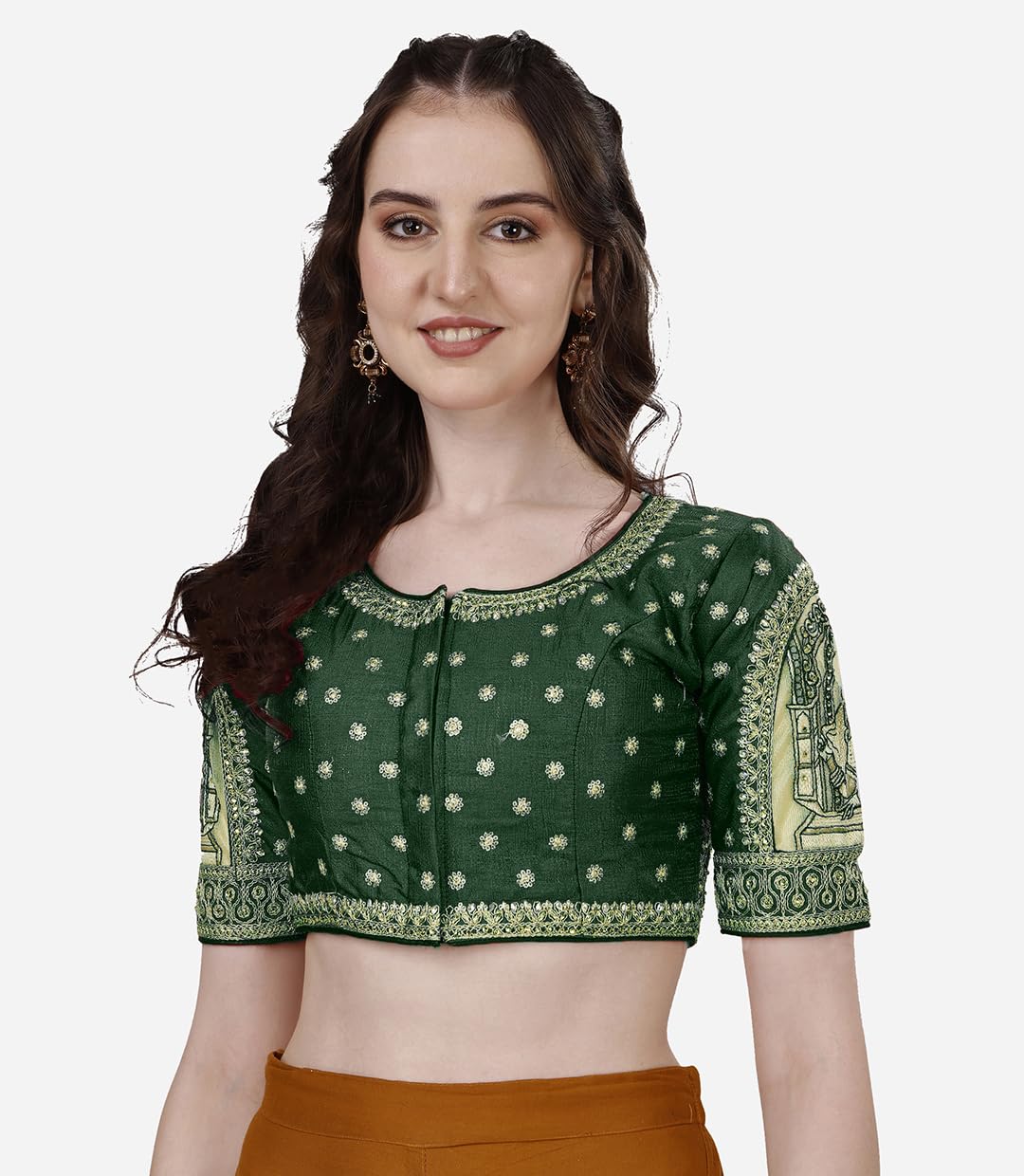 Pujia Mills Womens Heavy Embroidery Coding with Sequins and Diamond Work Half Sleeves Fancy Cutwork Readymade Saree Blouse.(Pal