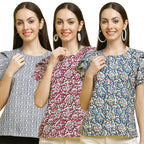 Pinkmint Womens Printed Combo Tops ll Regular Fit Ruffle Trim Petal Sleeve ll Fancy Girls Top (Pack of 3)