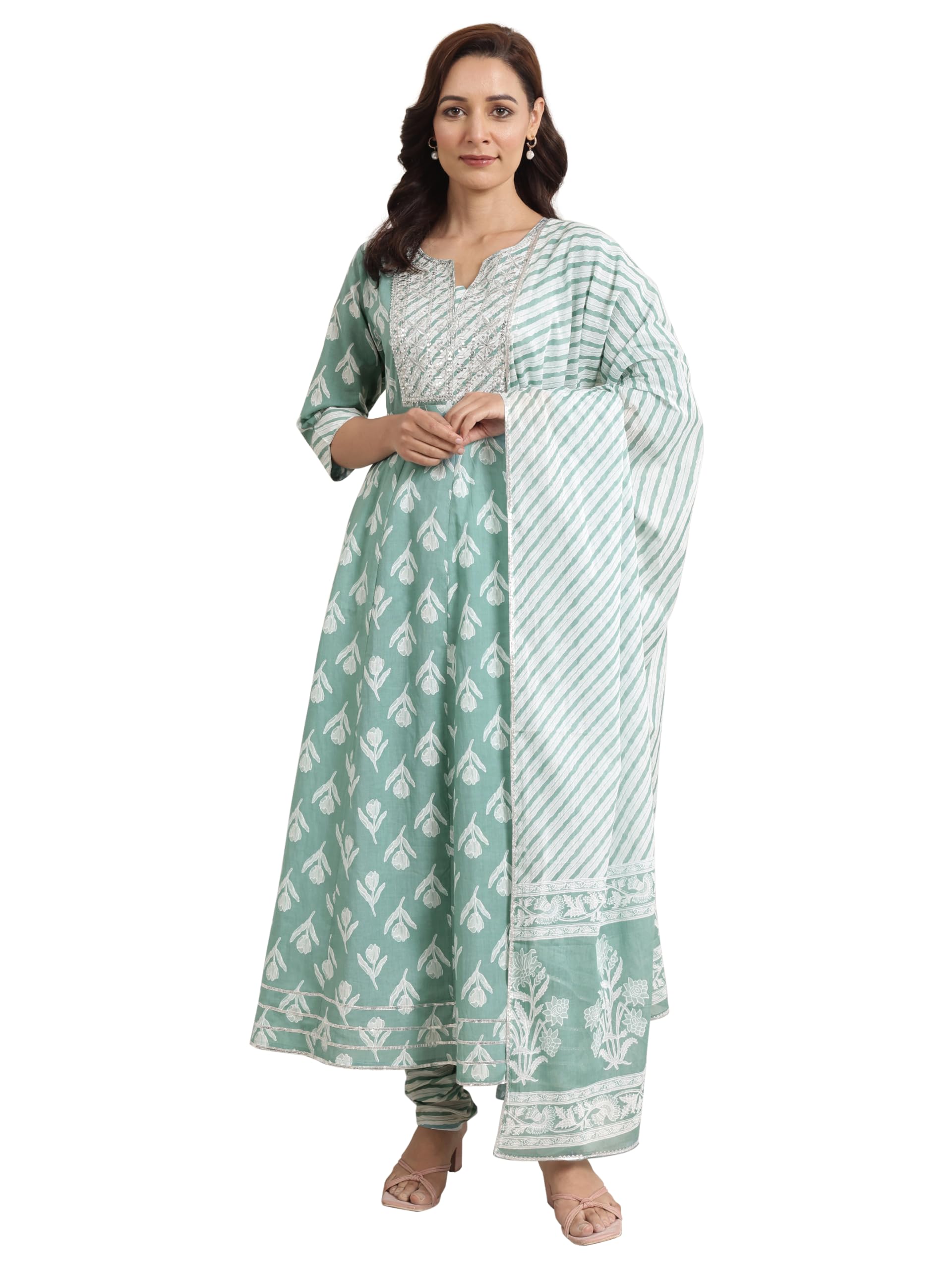 Green Floral Printed Anarkali Kurta With Printed Churidar And Dupatta