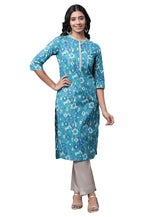 Aurelia WomenS Geometric Printed Printed Straight Long Blue Cotton Kurta
