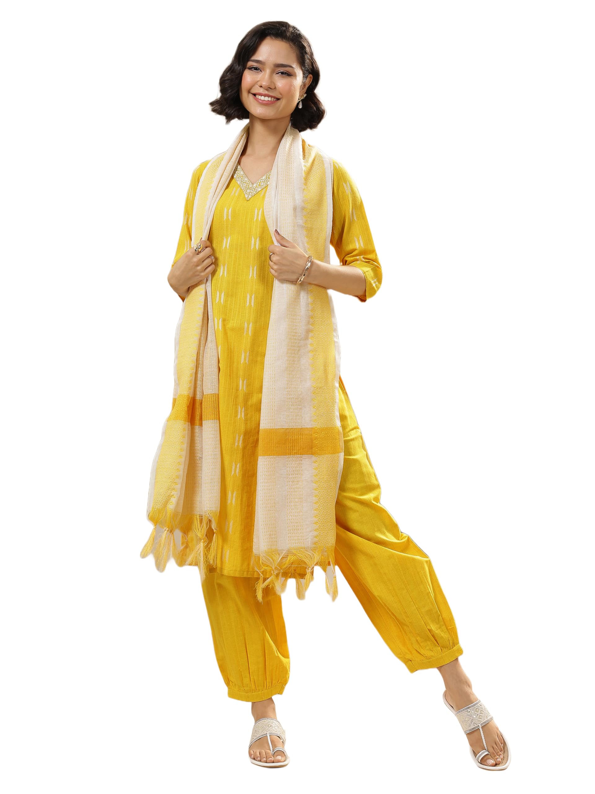 Gerua by Libas Woven Design Cotton Blend Straight Kurta With Salwar and Dupatta