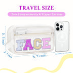 COSHAYSOO Clear Preppy Patch Makeup Bag Cosmetic Pouch with Glitter Bling Letters for Women Teen Girls Sister, Make Up Travel St