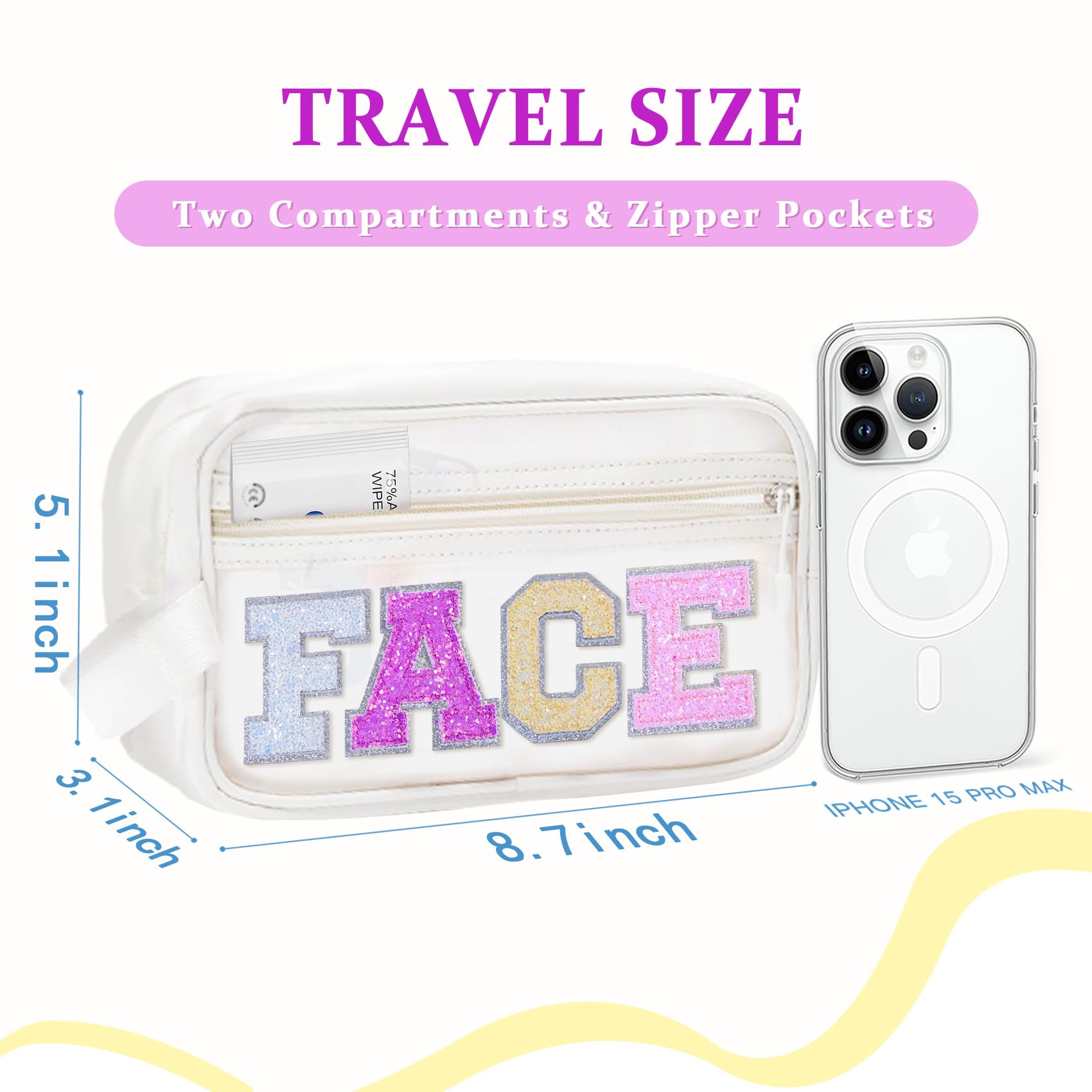 COSHAYSOO Clear Preppy Patch Makeup Bag Cosmetic Pouch with Glitter Bling Letters for Women Teen Girls Sister, Make Up Travel St