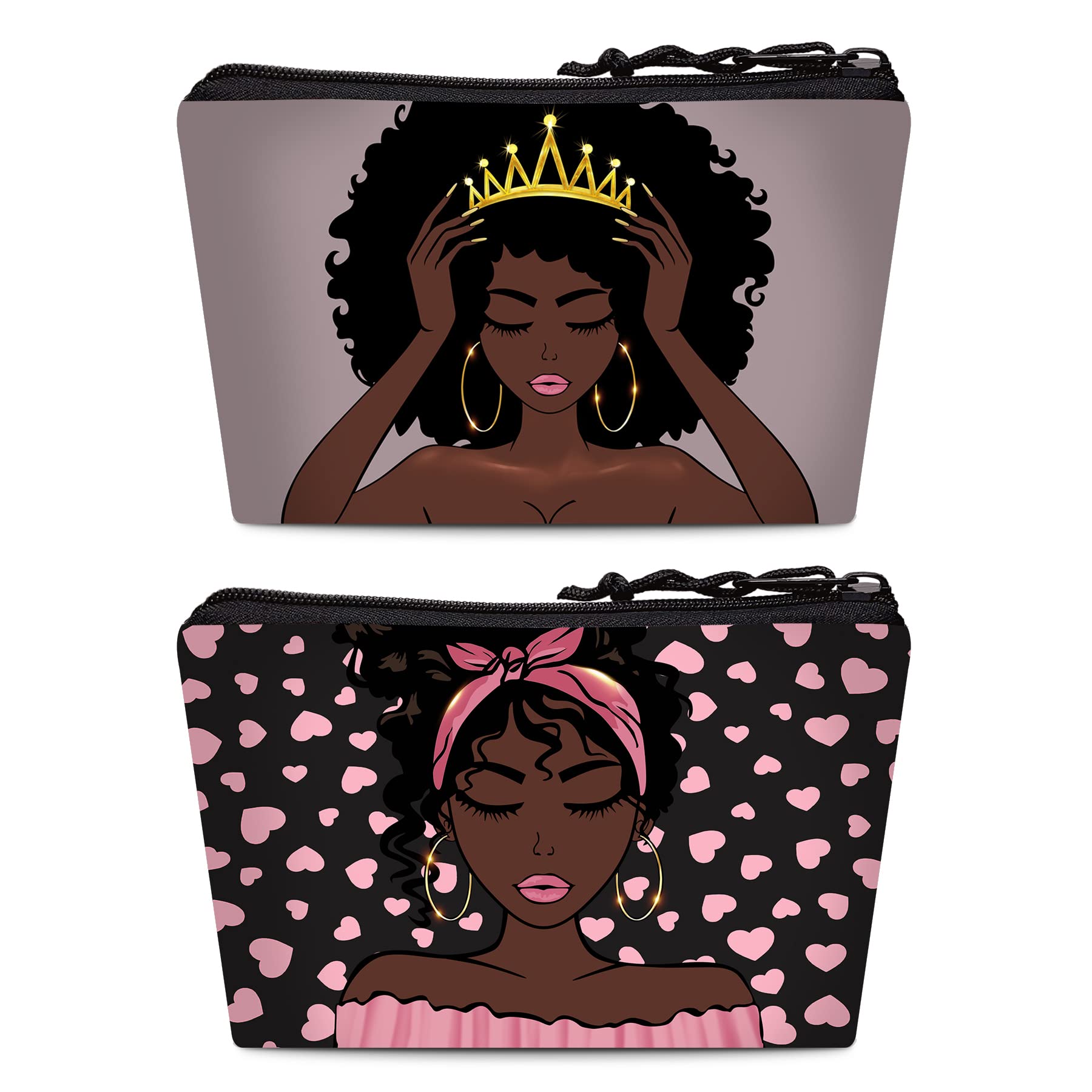 BDAWQUG Women Makeup Bag-2pcs Black Princess Graphic Cosmetic Bag Melanin Natural Hair art Pencil Case Coin Purse Travel Toiletr